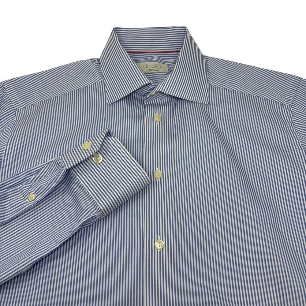 Eton Mens 15-38 Contemporary Blue Striped Long Sleeve Cotton Button Up Shirt